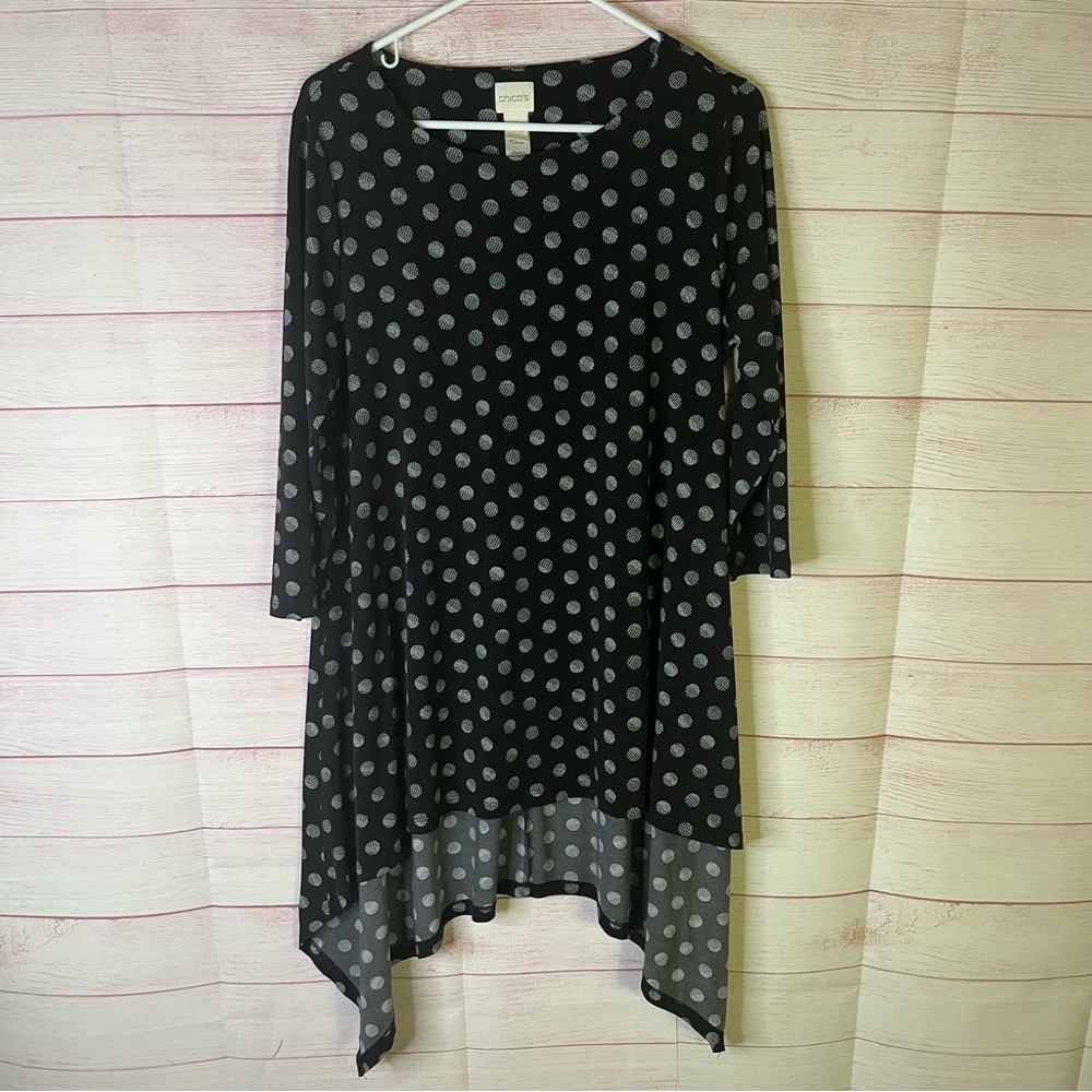 Chico's Black White Dot High Low‎ 3/4 Sleeves Tunic Top Size 1 | Medium
